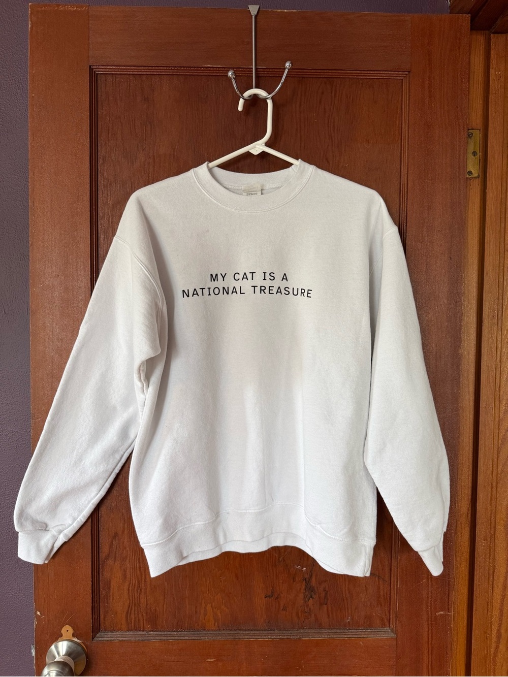 Hanes White Crewneck Sweatshirt "My Cat Is A National Treasure"
